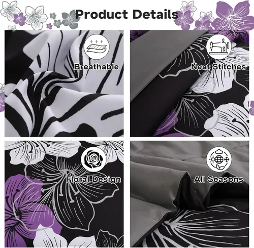 Miniatura 4 de Luxudecor Juego de edredón floral tamaño King, 7 piezas de cama en una bolsa, juego de edredón floral morado y sábanas, juegos de cama completos
