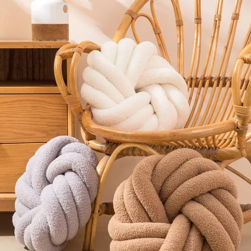 Miniatura 4 de XIAIJIA Almohada redonda de nudo caqui de 14 pulgadas, almohada redonda de nudo de felpa suave, cojín decorativo moderno para el hogar, cama