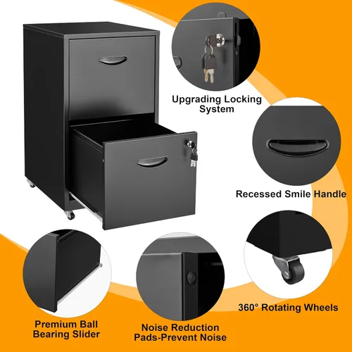 Miniatura 4 de Archivador móvil de 2 cajones con cerradura, archivadores de metal con ruedas, gabinete de almacenamiento enrollable negro, archivador vertical