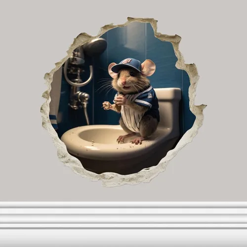 Miniatura 20 de Mouse de fútbol en el inodoro en el agujero del ratón, calcomanía de pared 3D, decoración del hogar de dibujos animados, arte de vinilo, estantería
