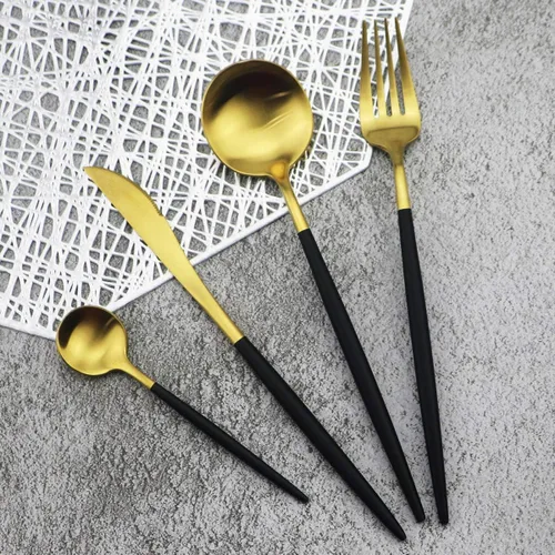 Miniatura 2 de Juego de cubiertos de oro mate, 5 piezas de acero inoxidable 18/10 con acabado satinado, servicio para 1, cuchara tenedor de cuchillo con pajitas