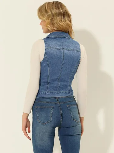 Miniatura 4 de Allegra K Chaqueta de moto sin mangas con cremallera para mujer, chaleco de mezclilla clásico