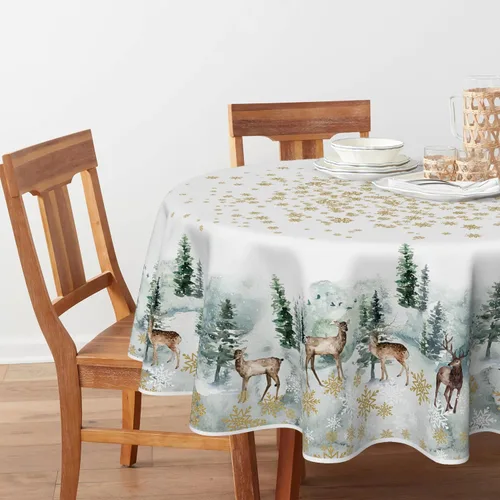 Miniatura 2 de Horaldaily Mantel de Navidad redondo de 60 x 60 pulgadas, ciervos nevados dorados, cubierta de mesa lavable para decoración de fiestas, pícnic, cenas