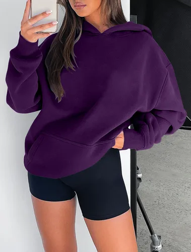 Miniatura 18 de onlypuff Sudadera casual con capucha para mujer, de manga larga, con bolsillo de canguro, hombro caído