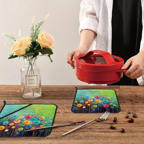 Miniatura 6 de Juego de 2 soportes para ollas de pintura de acuarela floral abstracta, resistentes al calor, para microondas, horno, horno y barbacoa