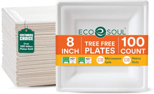 Platos de papel compostables ECO SOUL de 8 pulgadas (100 unidades) Platos desechables resistentes para cena de Navidad y fiestas | Platos de bagazo