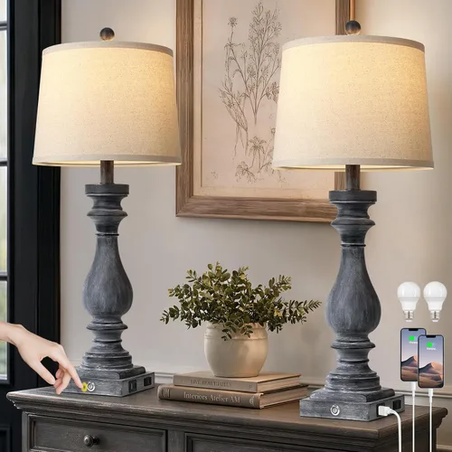 Miniatura 8 de Cinkeda Juego de 2 lámparas de mesa de 29 pulgadas de alto para sala de estar, lámparas vintage para mesita de noche con puertos USB C+A y salida