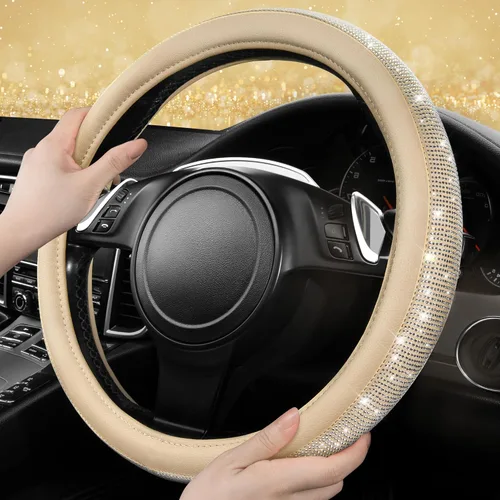 Miniatura 3 de CAR PASS Funda para volante de cuero beige con diamantes brillantes, cristales blancos brillantes con purpurina y pedrería, ajuste universal de 14