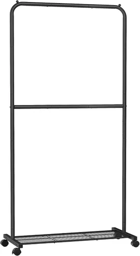 Miniatura 9 de SONGMICS Perchero de doble barra con ruedas, perchero para colgar ropa, perchero resistente con estante de almacenamiento de malla, 2 frenos, cada