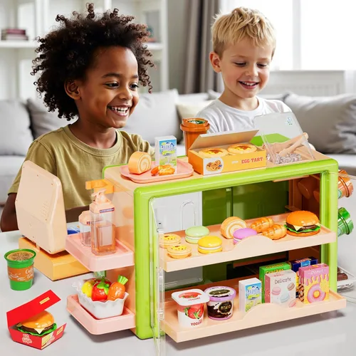 Miniatura 4 de Pupu Pig Play Food Store Juguetes para niños, tienda de comestibles de juego de simulación con caja registradora para niños con pedido de voz