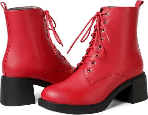 Miniatura 89 de ROSERWISH Botas altas de tacón bajo y grueso para mujer, con cordones, cómodas, modernas, con puntera redonda, de 2.5 pulgadas