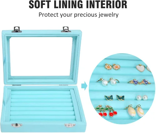 Miniatura 3 de Bandeja organizadora de anillos, 7 ranuras, caja de almacenamiento de joyas de terciopelo para aretes con tapa transparente, vitrina de joyería