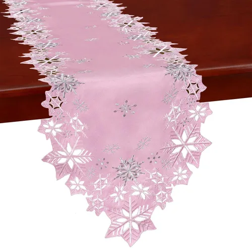 Miniatura 2 de Caminos de mesa bordados de copos de nieve rosados para Navidad e invierno (rosa, 14 x 34 pulgadas)