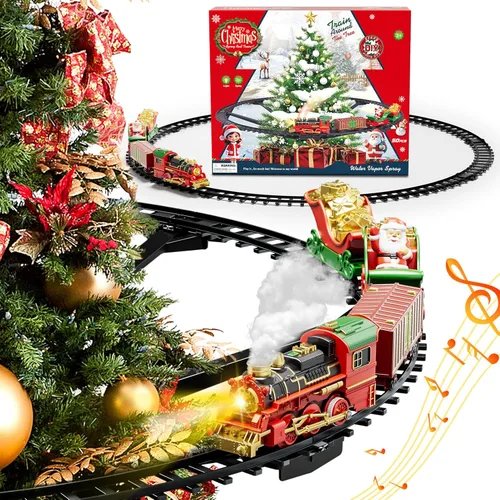 Miniatura 8 de Juego de tren de Navidad para niños, juguetes de pista de tren de 2 capas con humo, luz y sonido, vías de tren de construcción para niños de 4 a 8