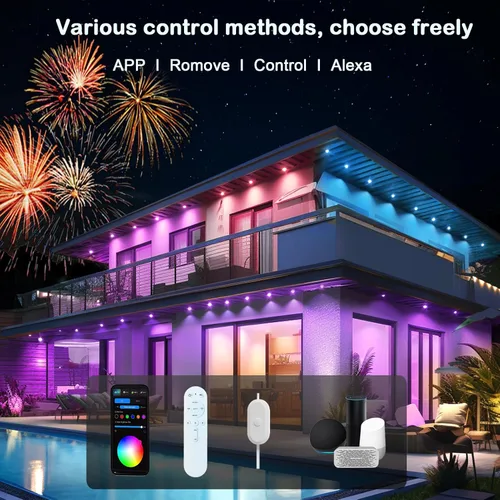 Miniatura 5 de iYogaled Luces exteriores permanentes para casa, 50 pies de luces de borde exterior inteligentes RGB con 63 modos de escena, luces LED impermeables