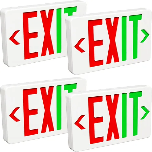 Señal de salida con luz de emergencia, luz LED de salida con batería de respaldo, letra roja de doble cara, luz comercial de salida de emergencia,