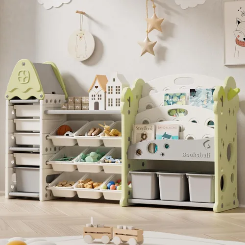 Pipleo Organizador de almacenamiento de juguetes para niños con 17 contenedores extraíbles, estantería de 4 niveles para niños, organizador de Verde