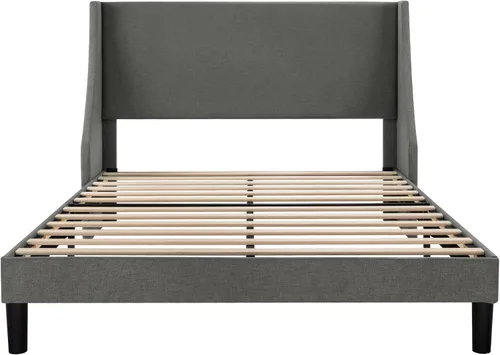 Miniatura 7 de Allewie Estructura de Cama de Plataforma Tamaño Full con Cabecera Tapizada – Diseño Moderno Deluxe con Respaldo Alado, Soporte de Listones de Gris