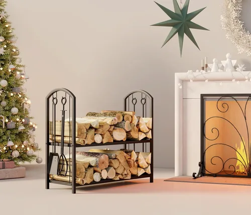 Miniatura 5 de Fire Beauty - Soporte para leña de chimenea con 5 piezas, soporte para troncos con juego de herramientas de 4 piezas, soporte para leña