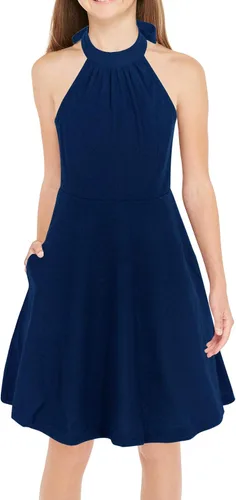 GORLYA Vestido de verano casual para niña, con cuello halter, hombros descubiertos, sin mangas, acampanado, con bolsillos, para 4-12 años