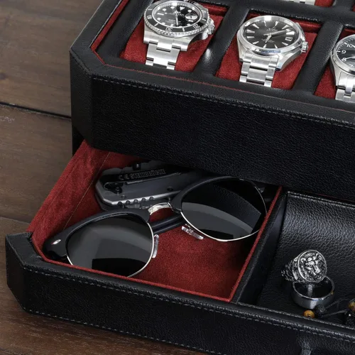 Miniatura 6 de Caja de reloj con cajón de valet para hombres 12 ranuras, caja de reloj de lujo, organizador de exhibición, forro de microgamuza, soporte