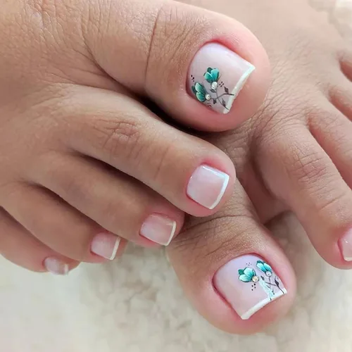 Miniatura 10 de Uñas postizas acrílicas artificiales negras para los dedos de los pies, ataúd a presión con diseños de flores blancas, uñas postizas reutilizables