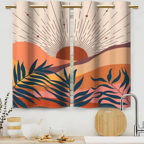 Miniatura 24 de Cortinas bohemias de cocina, diseño abstracto de mediados de siglo, arco negro, cortinas rústicas cortas para ventana de comedor, caravana, 21 x 45