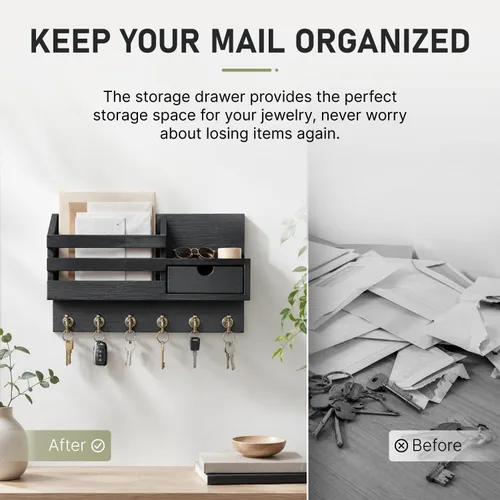 Miniatura 3 de FifthQuarter Soporte para llaves y correo para pared, organizador de correo con 6 ganchos y cajón de almacenamiento, soporte de llaves de fácil
