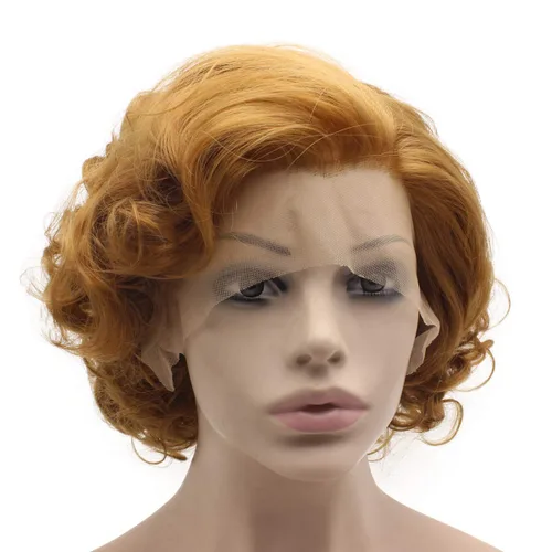 Mxangel - Peluca de cabello sintético con encaje frontal natural, corto, rizado, rubio dorado
