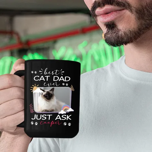Miniatura 6 de Taza de cerámica negra personalizada para elegir nombre y foto con texto en inglés "Best Cat Dad Ever Just Ask", taza de café personalizada de 11