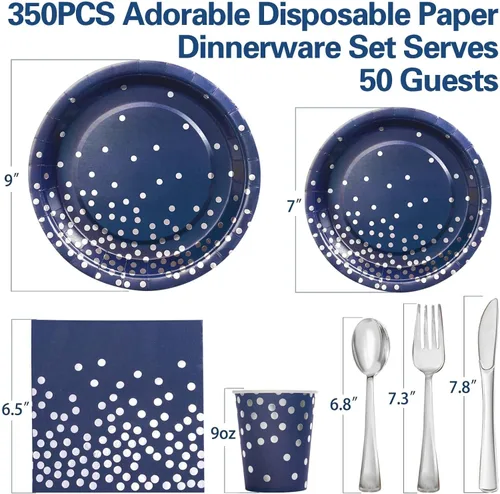 Miniatura 2 de 350 platos y servilletas azul marino para fiestas, platos de papel azul marino con cubiertos de plástico para 50 invitados, platos de cumpleaños