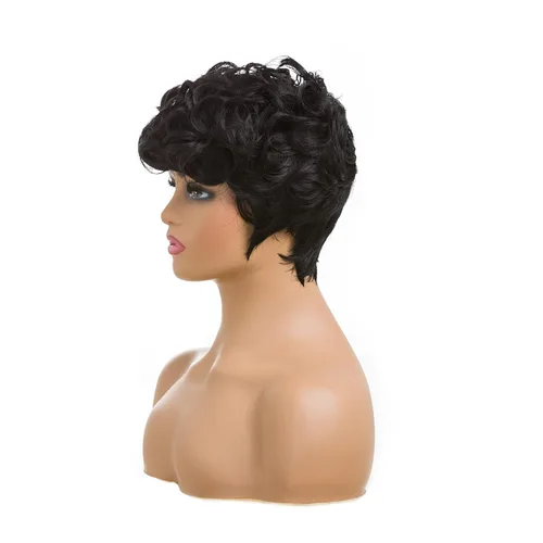 Miniatura 8 de Pelucas cortas de corte Pixie negro natural para mujeres negras, pelucas de cabello rizado de repuesto, peluca corta negra en capas con flequillo