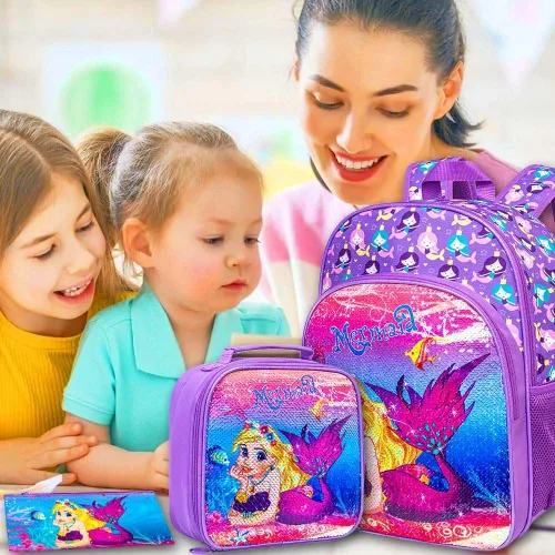 Miniatura 6 de KLFVB 3 mochilas de sirena de unicornio para niñas, bolsa de libros y lonchera de lentejuelas de 16 pulgadas, mochilas preescolares para primaria
