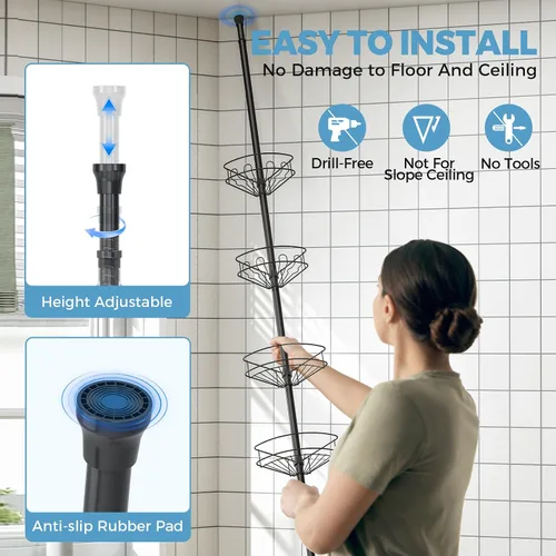 Miniatura 4 de Poste de tensión de esquina para ducha, estantes organizadores de baño ajustables de 4 niveles, almacenamiento interior de ducha con gancho oculto