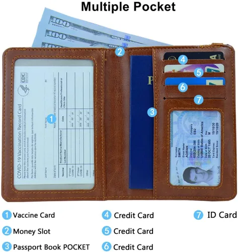 Miniatura 2 de Juego de tarjetero para pasaporte y vacuna, funda con protector transparente de ranura para tarjeta de vacunación, bloqueo RFID de cuero