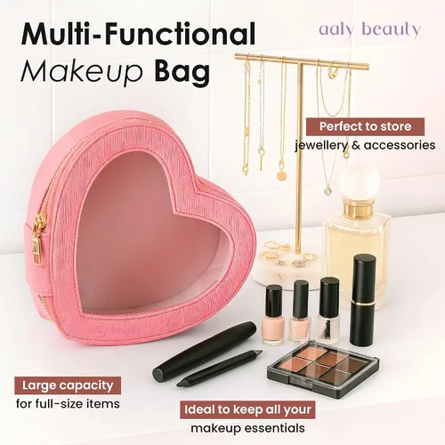 Miniatura 2 de Bolsa de maquillaje con forma de corazón – Bolsa de cosméticos de corazón rosa con cubierta transparente – Ideas de regalo para mujeres, mamá