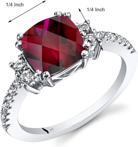 Miniatura 3 de Peora Anillo de rubí creado para mujer, oro blanco de 14 quilates con topacio blanco auténtico, diseño de 3 quilates con corte de cojín de 0.315in