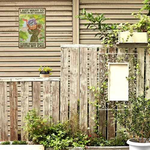 Miniatura 8 de Letrero de metal vintage de hojalata – Just Want To Work In My Garden and Hang Out With My Cat – Letrero retro para el hogar, patio trasero, jardín