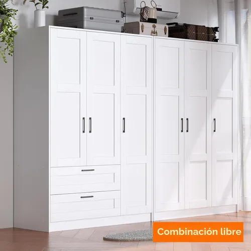 Miniatura 6 de Armario de Guardarropa de 3 Puertas de Madera, Armario de Vestir Blanco de Almacenamiento para Colgar Ropa, Armario Independiente de Gran Capacidad