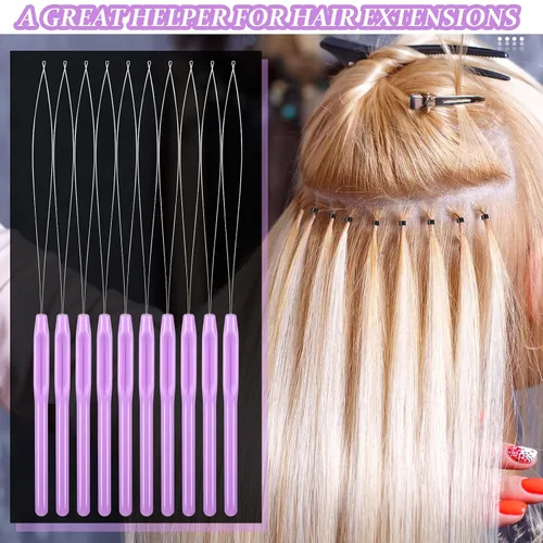 Miniatura 6 de 10 piezas de extensión de cabello, enhebrador de aguja de bucle, herramienta de gancho para tirar y dispositivo de cuentas, enhebrador de bucle