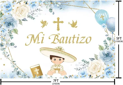 Miniatura 5 de AIBIIN Telón de fondo Mi Bautizo de 7 x 5 pies, suministros de decoración de fiesta de bautizo, globo floral azul, cruz dorada, ángel de fotografía