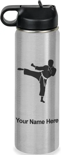 Miniatura 52 de Botella de agua personalizada LaserGram, Karate Man, de acero inoxidable con doble pared aislada al vacío con tapa abatible, regalo personalizado