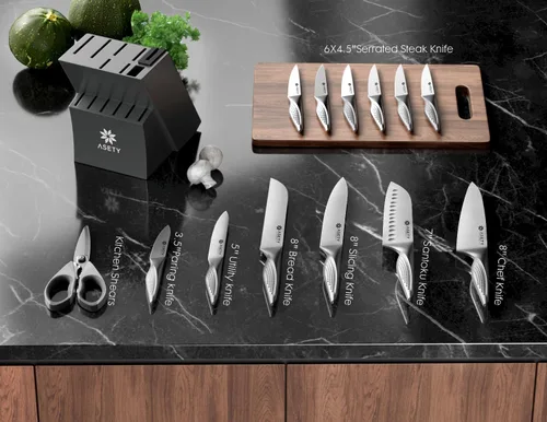 Miniatura 3 de ASETY Juego de cuchillos – Juego de cuchillos ultra afilados para cocina con bloque, juego de 15 cuchillos de acero inoxidable con afilador Gris