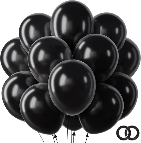 Miniatura 17 de RUBFAC 65 piezas de globos de 12 pulgadas, kit de globos rojos, negros y blancos con confeti y cintas para cumpleaños, bodas, baby shower, Negro