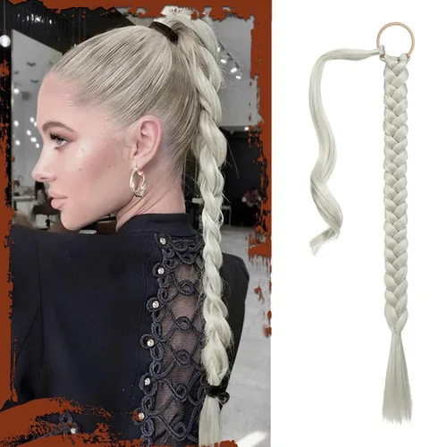 Miniatura 49 de Sofeiyan Extensión de cola de caballo de trenza larga con banda para el cabello, lacio, elegante, envolvente, extensiones de cabello trenzado, cola
