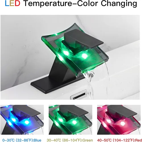 Miniatura 5 de Grifo negro para baño, caño de vidrio LED con cascada con tapón de drenaje de desbordamiento, mango único, montaje en cubierta de un agujero, diseño