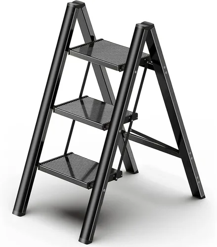 Escalera Plegable de 3 Peldaños - Taburete de Cocina de Aluminio, Escaleras Ligeras Plegables de 330 libras con Pedal Ancho Antideslizante, Escalera