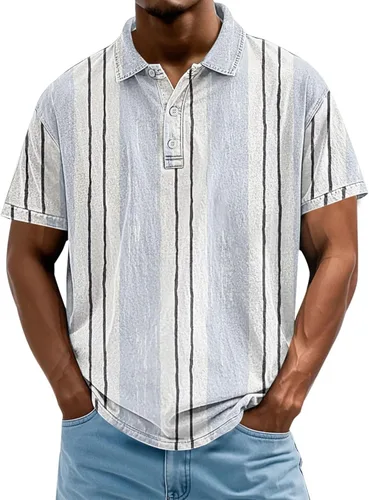 Miniatura 16 de Camisa polo de manga corta para hombre, camiseta de golf a rayas, de manga corta, para vacaciones, casual, cuello en V, camiseta de verano con Rojo