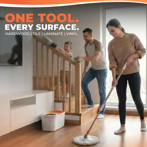 Miniatura 6 de Grazie Juego de trapeador giratorio y cubeta – Sistema de autoescurriente de 360°, mango de acero inoxidable – Limpieza de suelos manos libres