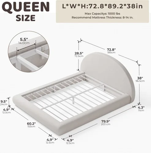 Miniatura 2 de RECCI AirFrame - Base de cama tapizada de media luna tamaño Queen, base arqueada curvada de terciopelo con cabecero, espuma acolchada totalmente